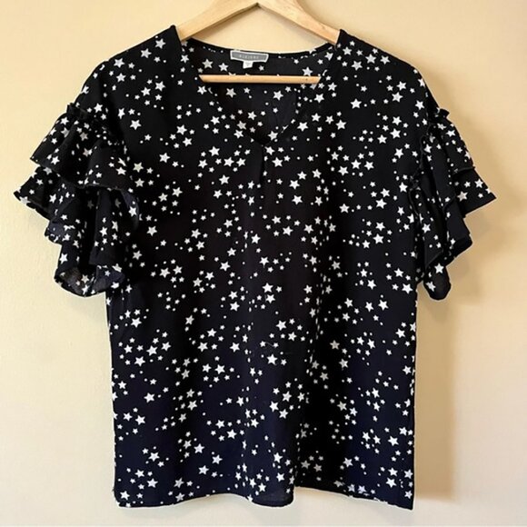 PLEIONE Ruffle Short Sleeve V Neck Black White  Stars Top Shirt Size US Small - Picture 2 of 6